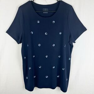 Talbots The Talbots Tee Size 1X Navy Blue Sequins 100% Cotton